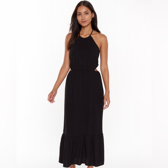 Rachel Zoe Dress M Black Cutout Halter Midi Dress Tiered Hem - Picture 1 of 7